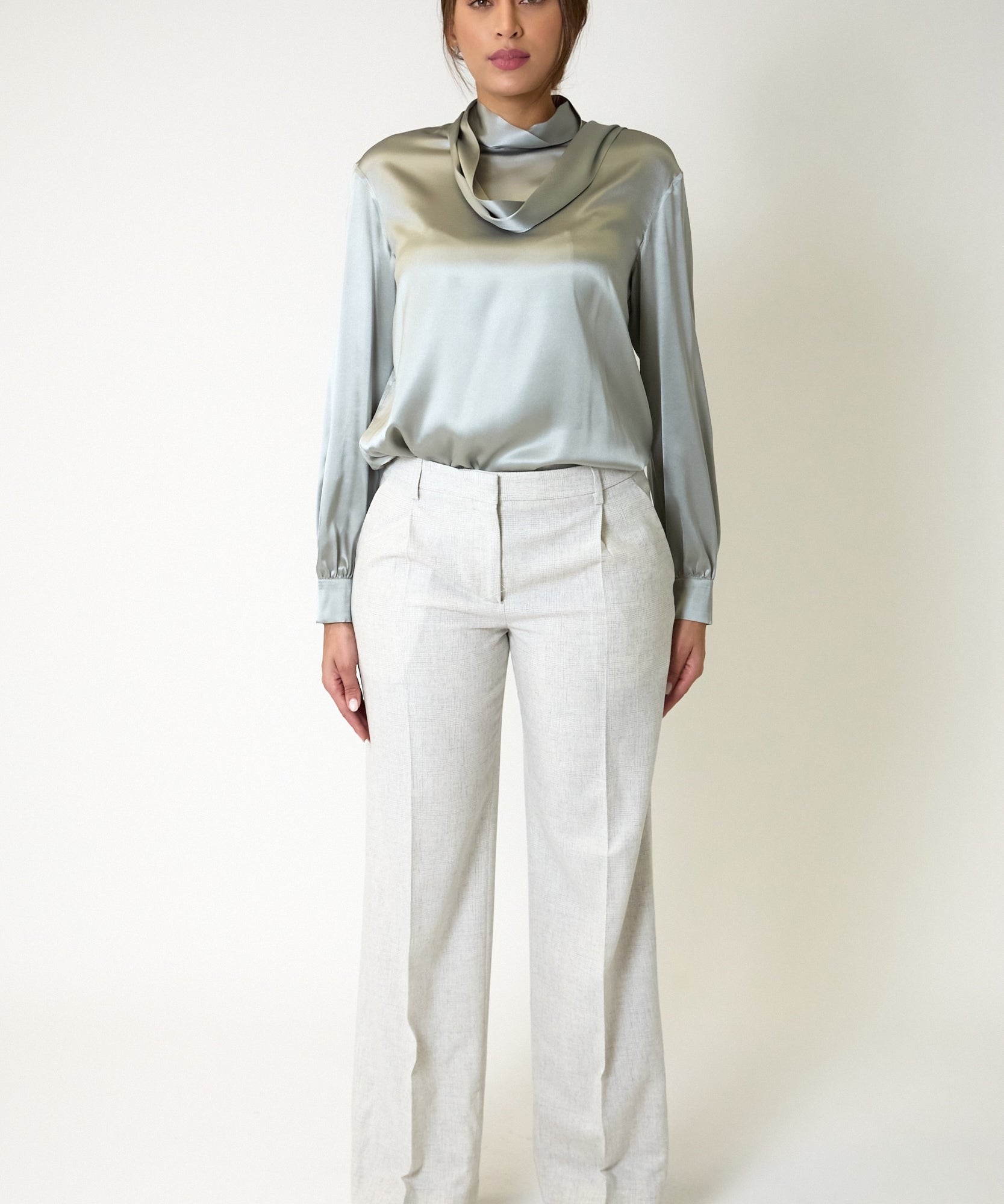 Malia Sage Green Satin Shirt with Scarf