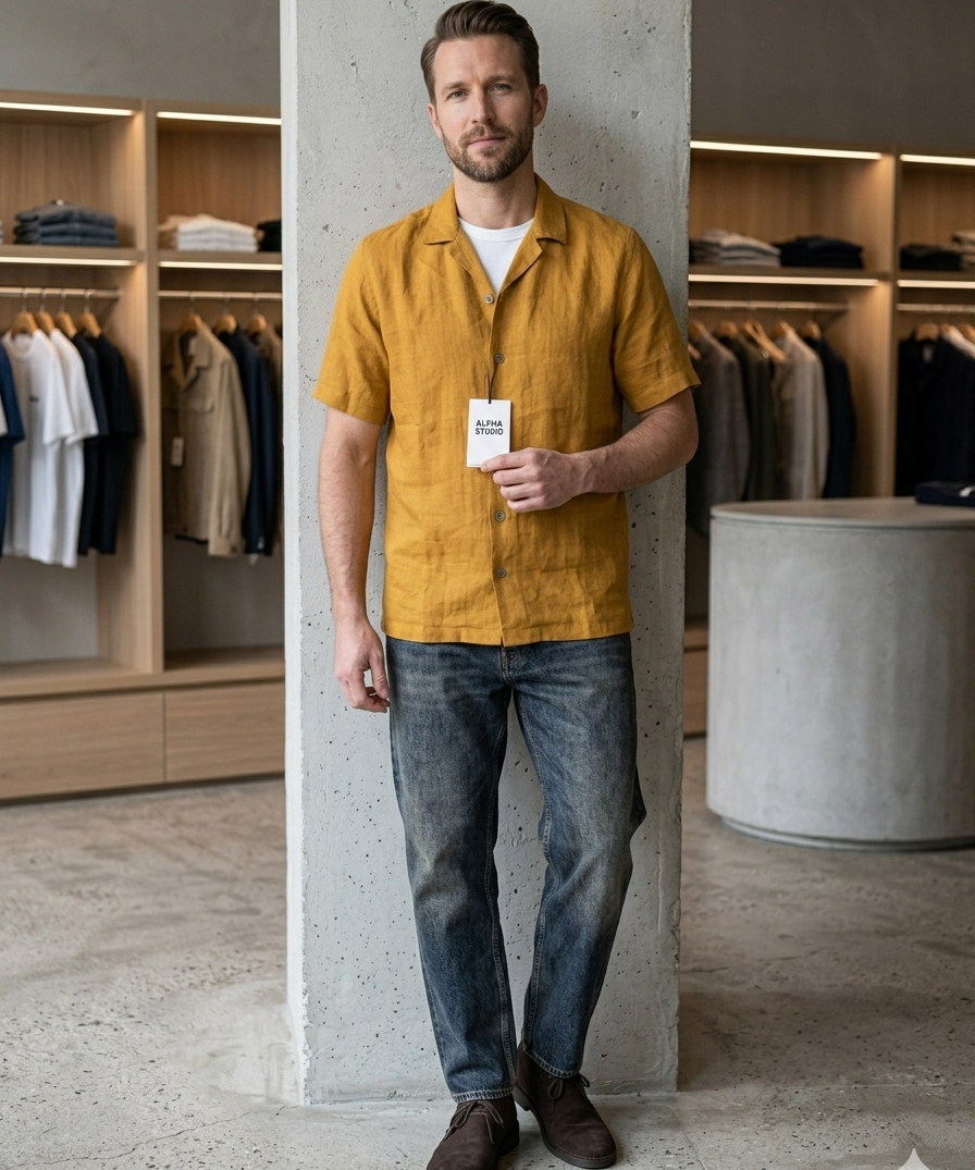 Alpha Studio Pure Linen Shirt - Mustard (Size 50)