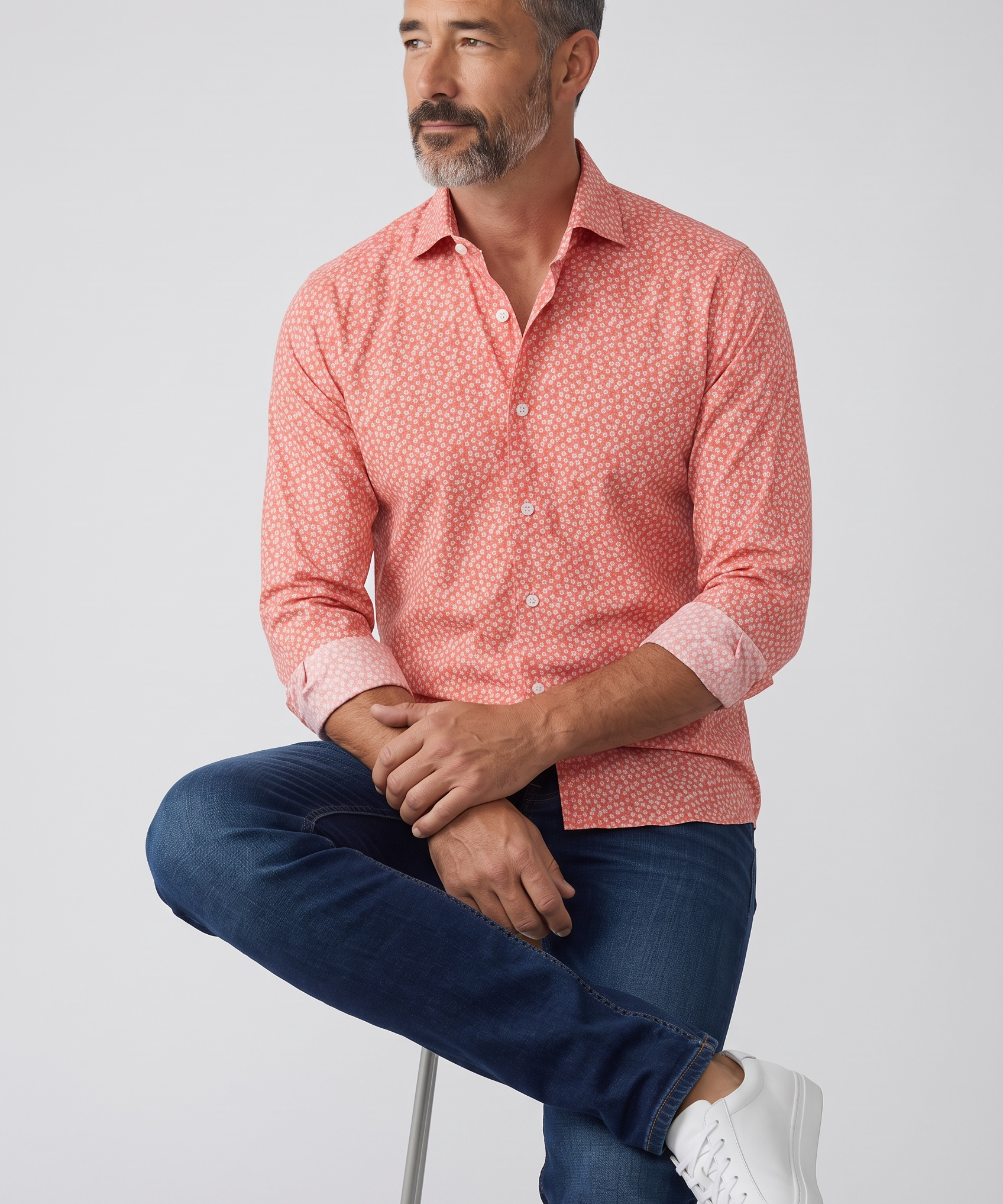 Camicia Uomo Sonrisa Fior di Cotone a Fantasia Floreale – Rosso Corallo, immagine 2