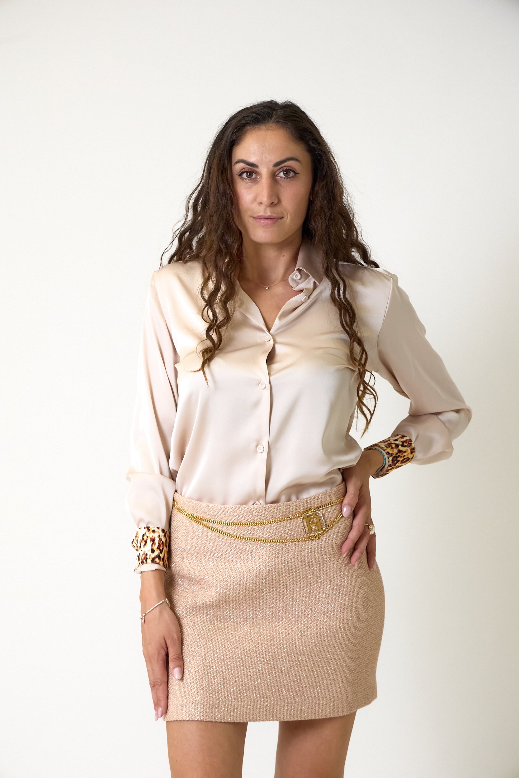 Minigonna in Tweed Peach Rose con Cintura Gioiello Elisabetta Franchi, immagine 4
