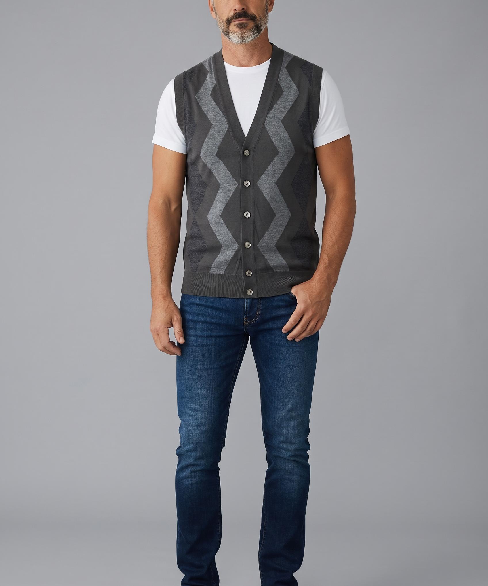 Alpha Studio – Gilet in Lana Merinos Extrafine con Motivo a Zig-Zag – Grigio Scuro, immagine 2