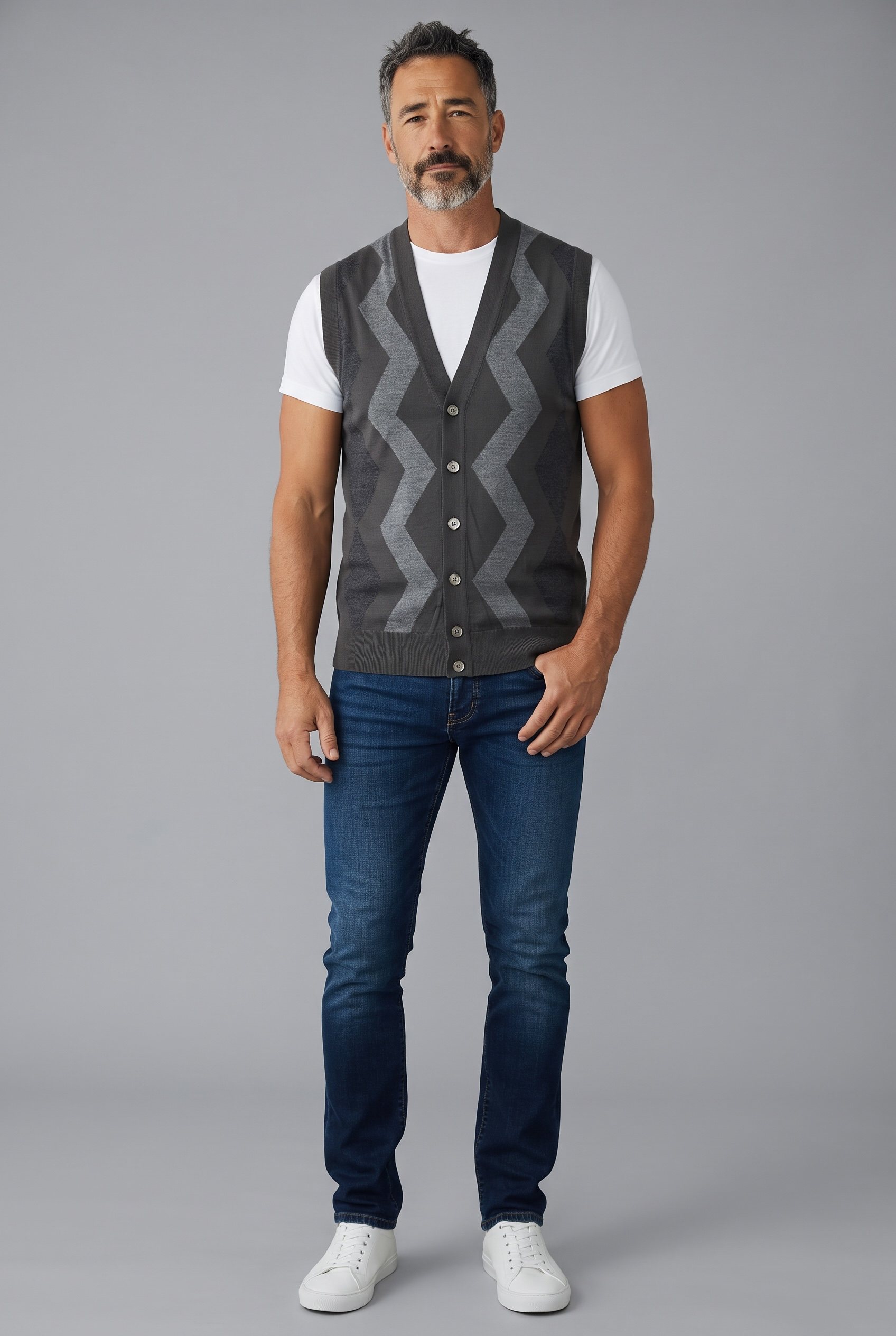 Alpha Studio – Gilet in Lana Merinos Extrafine con Motivo a Zig-Zag – Grigio Scuro, immagine 2