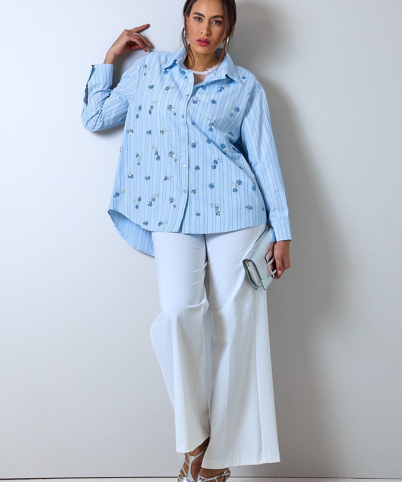 One-size striped shirt with handmade embroidery