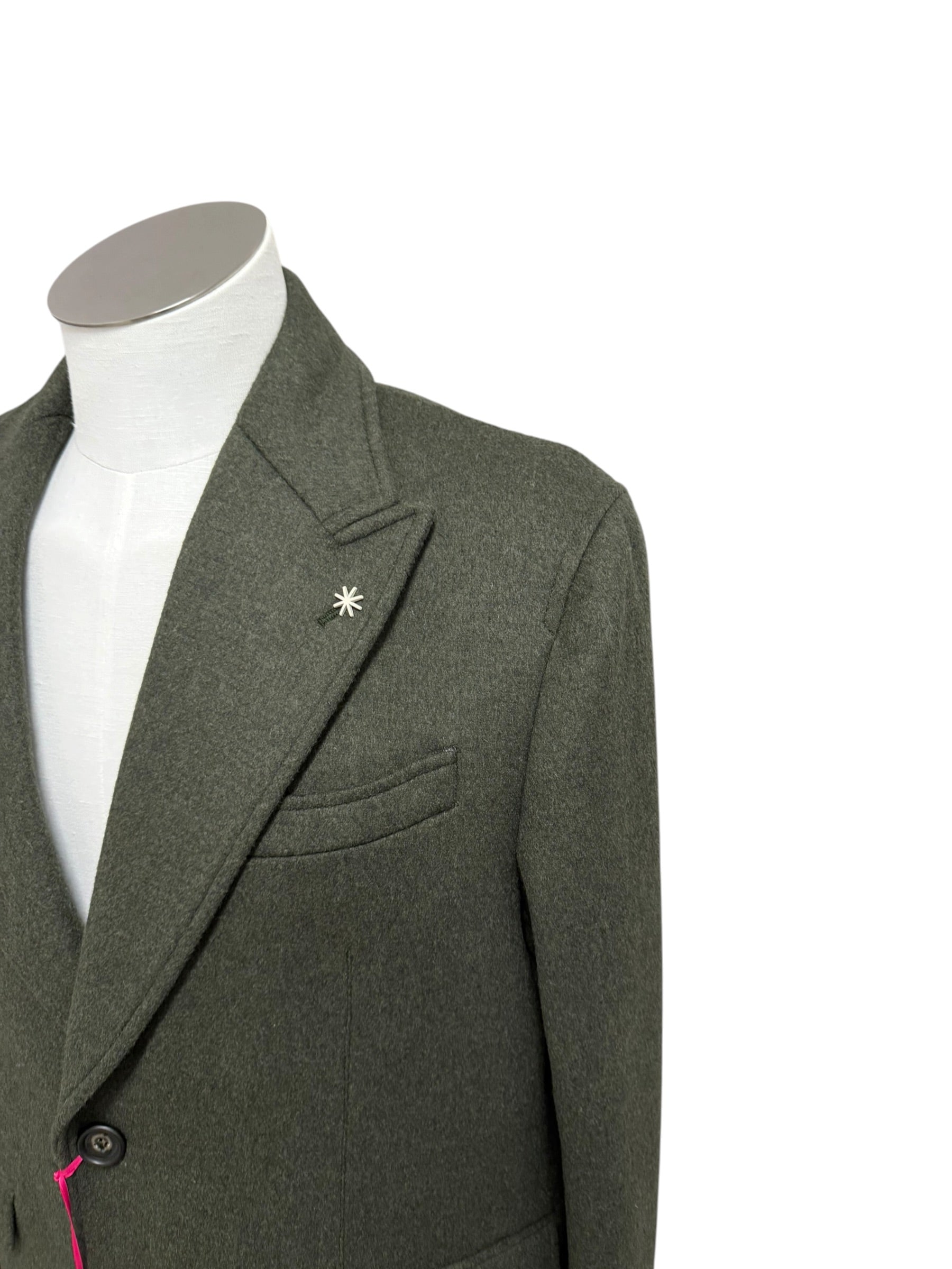 Manuel Ritz – Cappotto Monopetto in Misto Lana con Pin Rever – Verde Militare, immagine 4