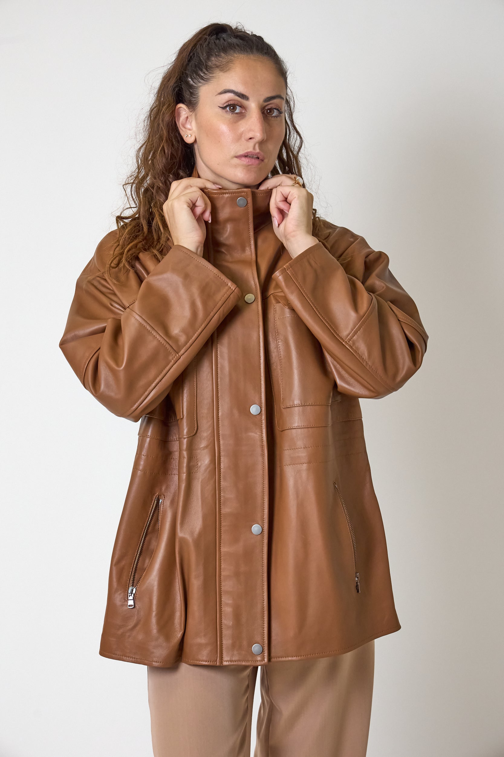 Giacca vicolo in Vera Pelle Cognac, immagine 3