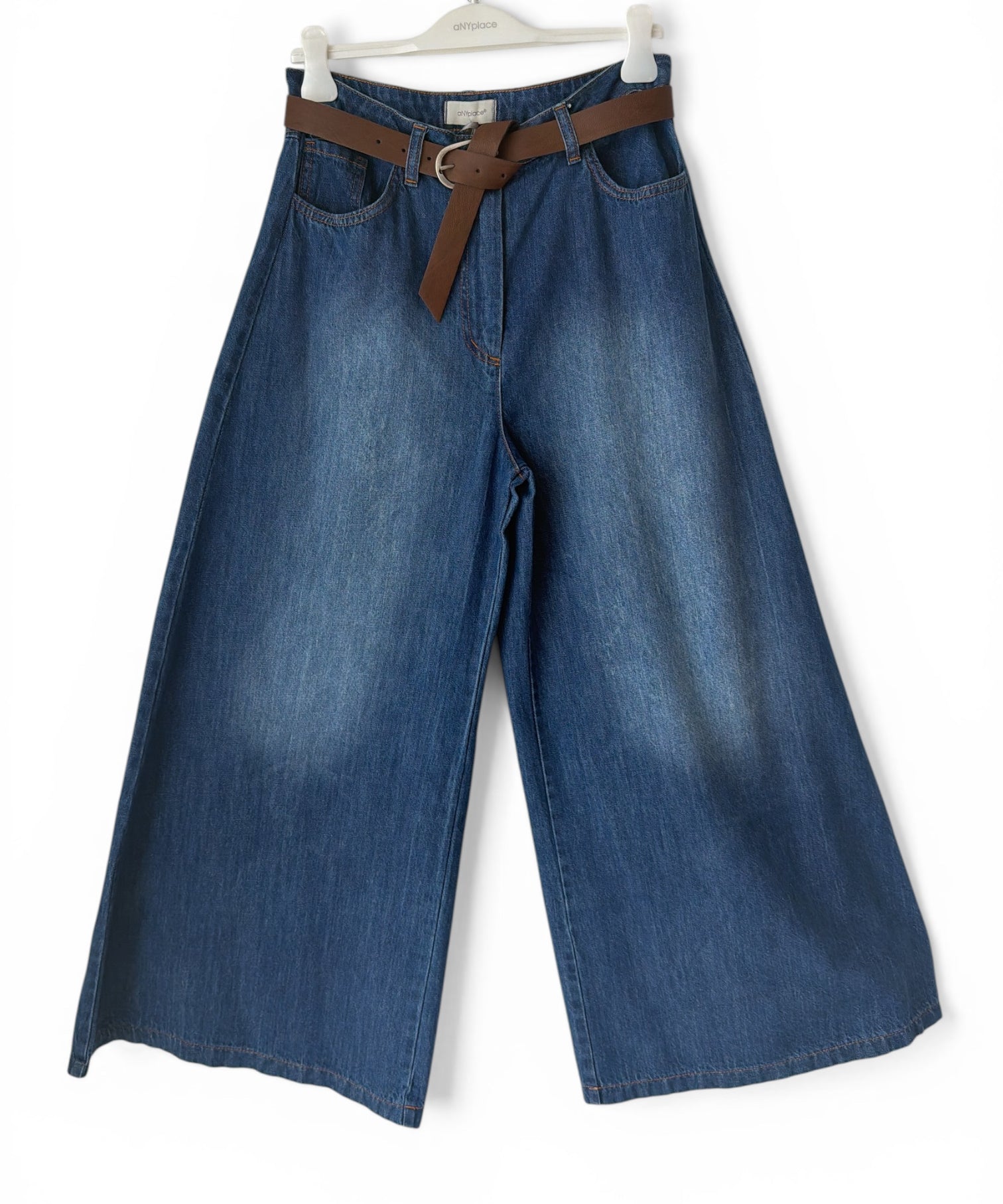 Women's wide leg jeans with belt denim trousers high waisted loose fit