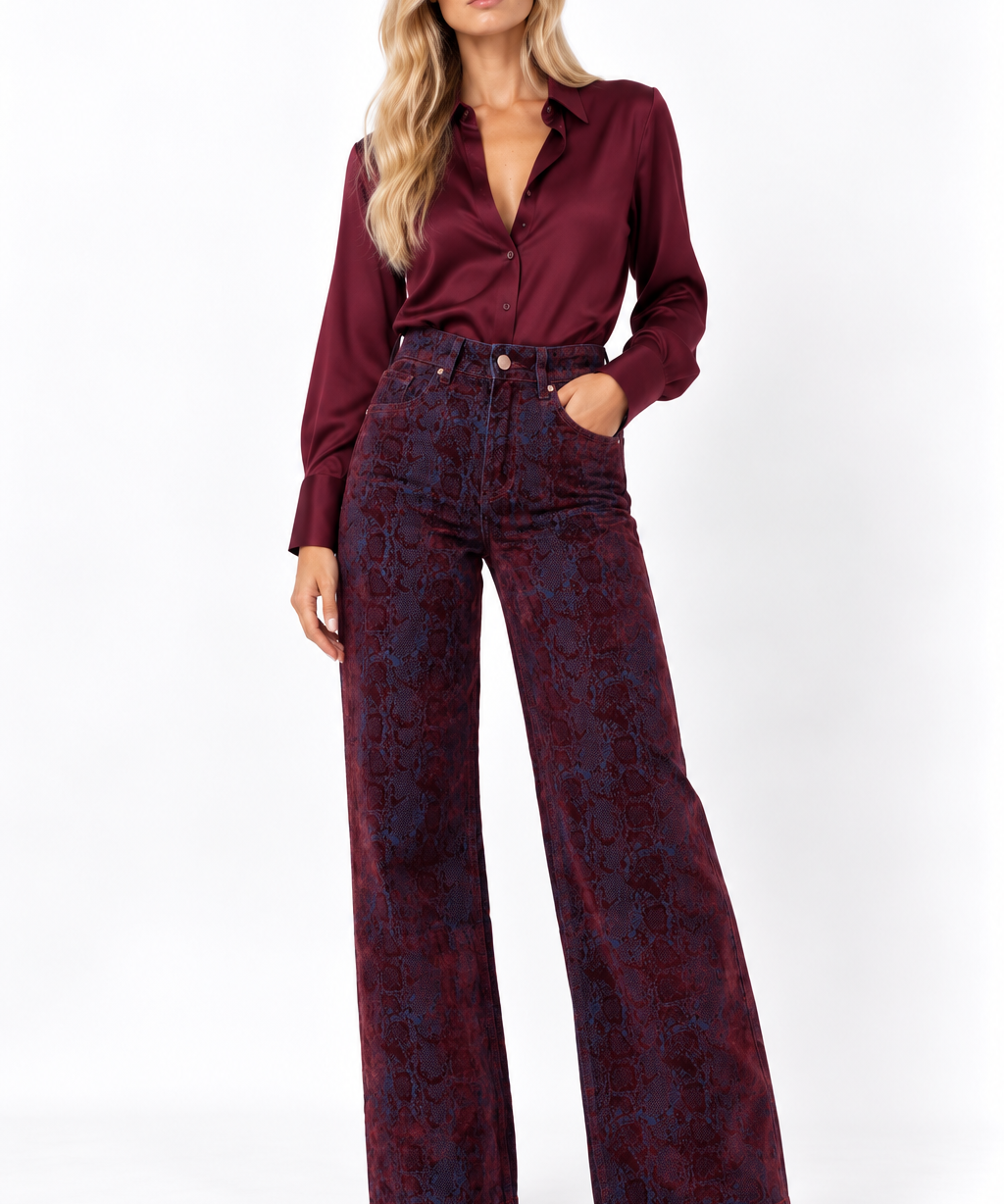 Jeans in Velluto Bordeaux Stampa Pitonata a Vita Alta Maglen