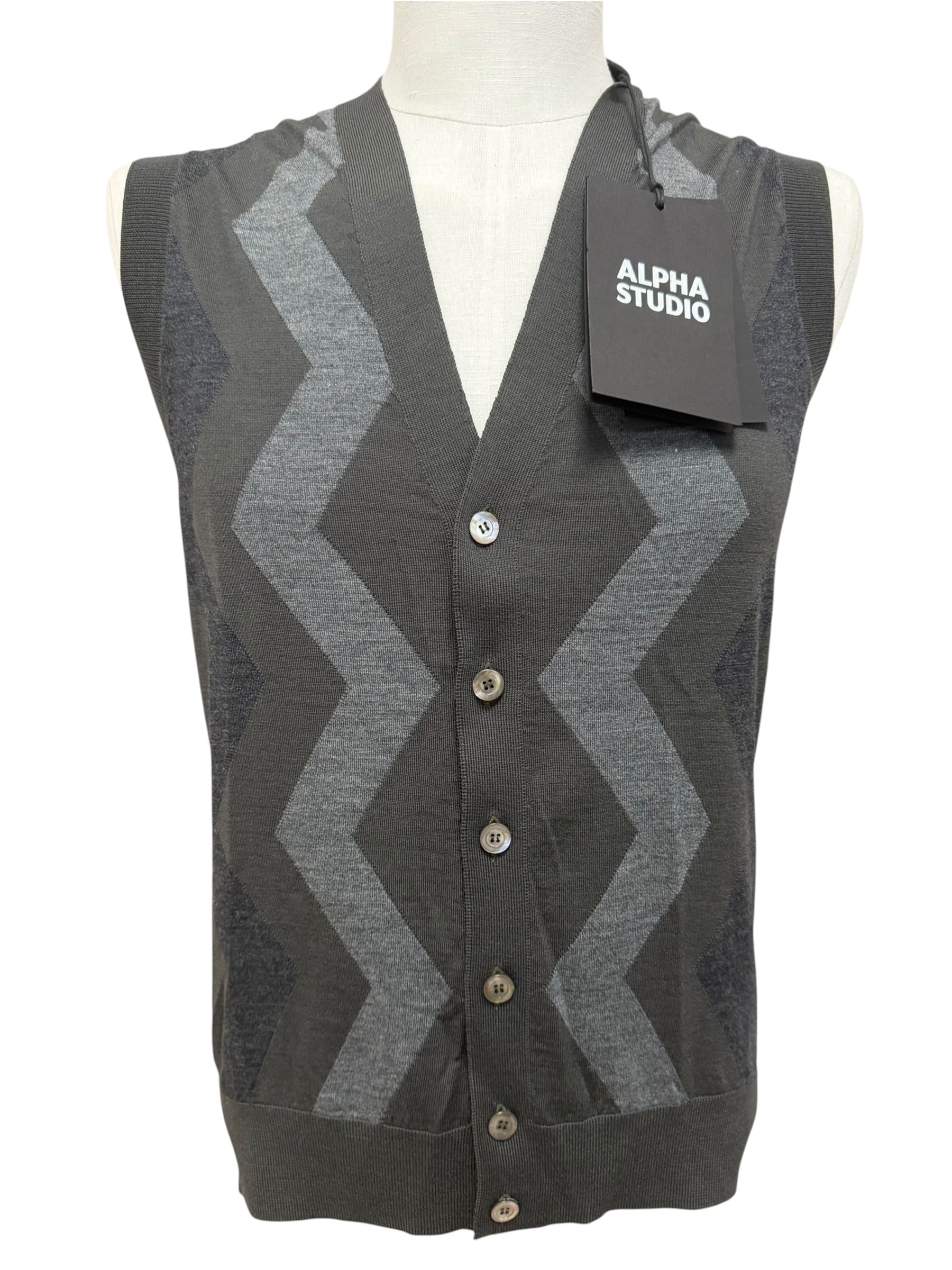 Alpha Studio – Gilet in Lana Merinos Extrafine con Motivo a Zig-Zag – Grigio Scuro, immagine 3