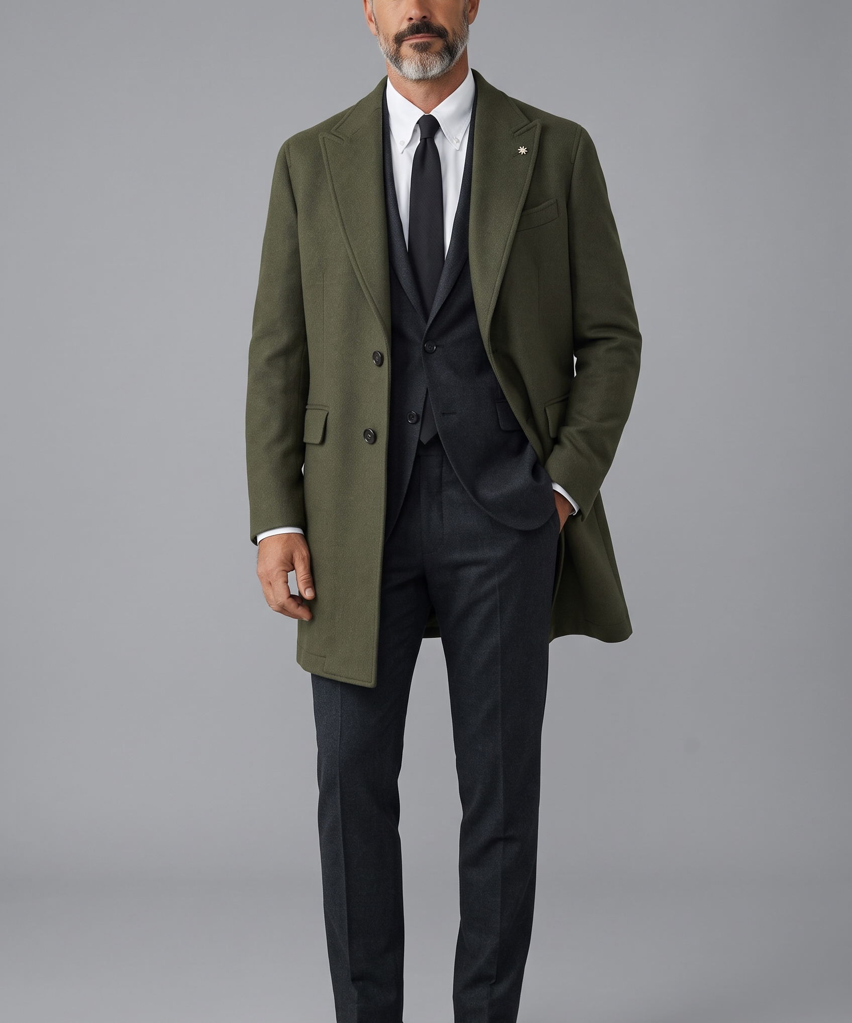 Manuel Ritz – Cappotto Monopetto in Misto Lana con Pin Rever – Verde Militare