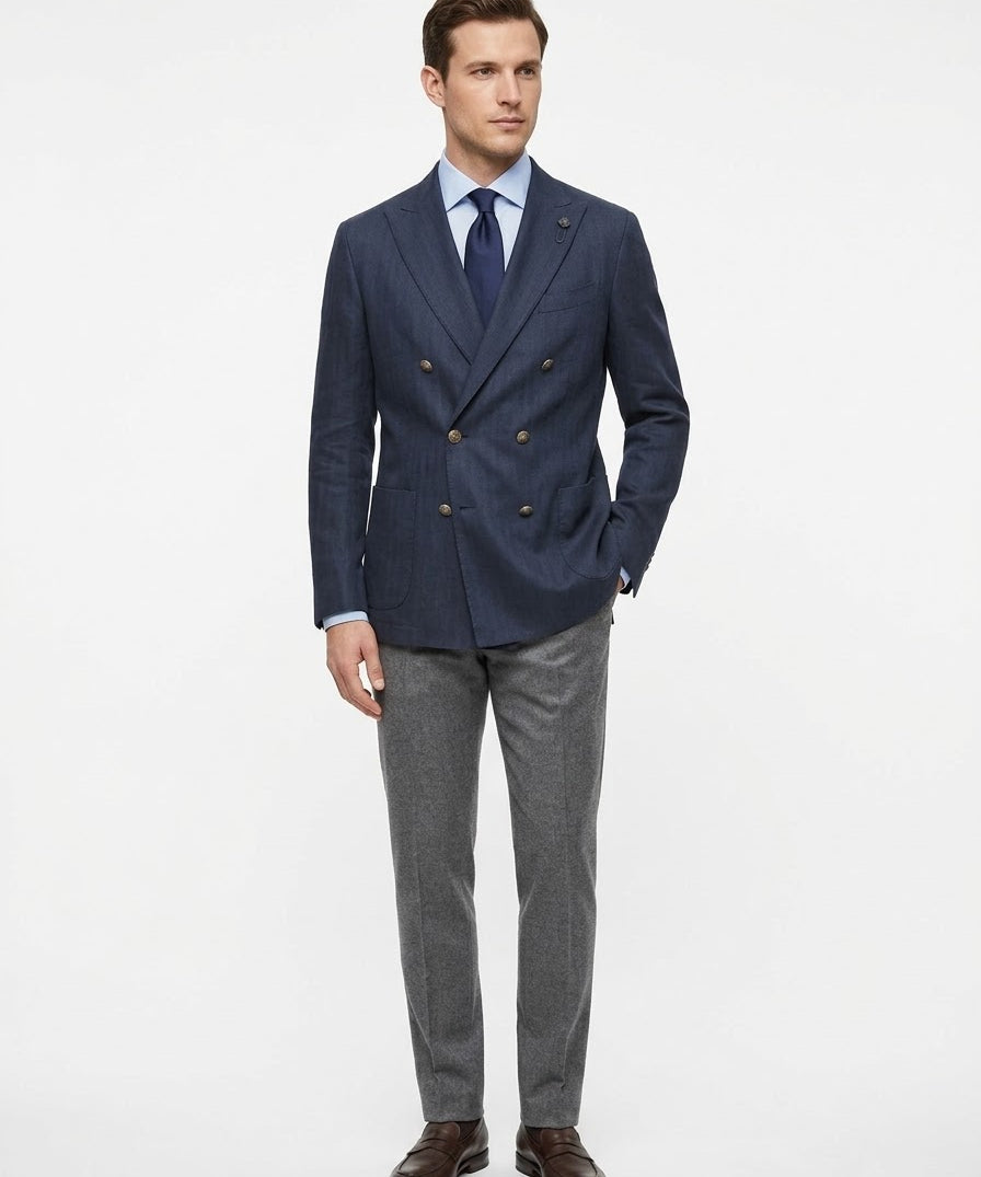 Lardini - Giacca Doppiopetto in Cotone e Lino Chevron - Blu