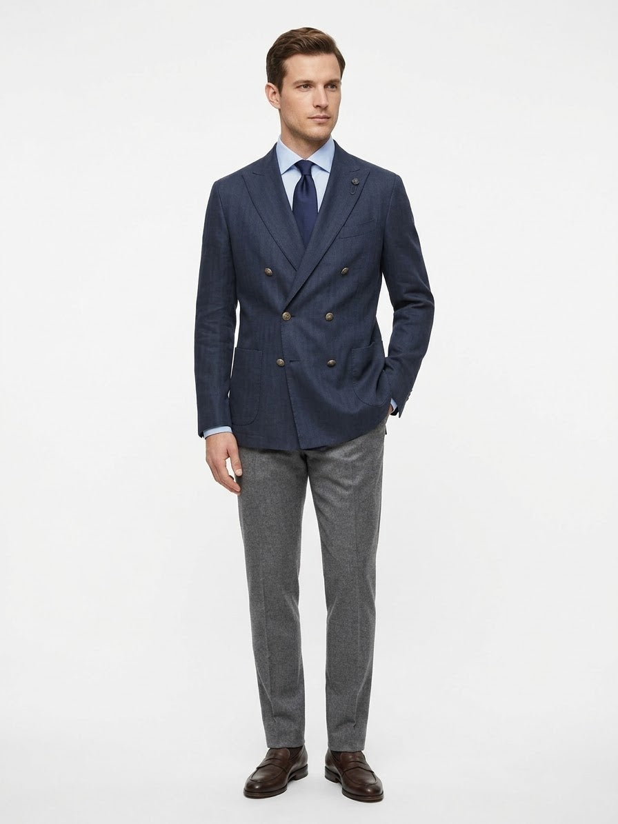 Lardini - Giacca Doppiopetto in Cotone e Lino Chevron - Blu