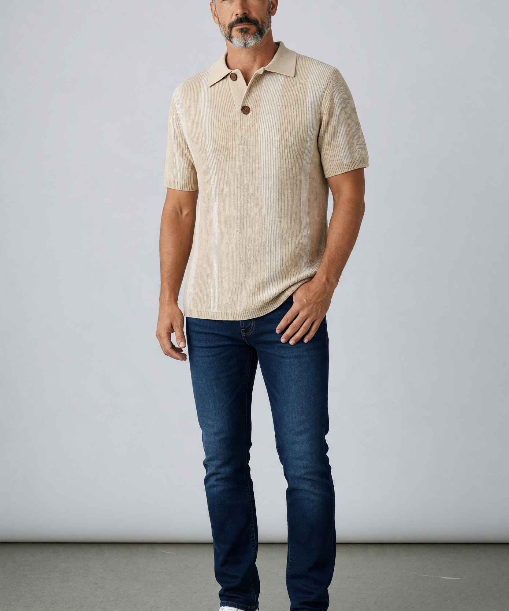 Polo Uomo Alpha Studio in Cotone e Canapa – Beige con Righe a Contrasto