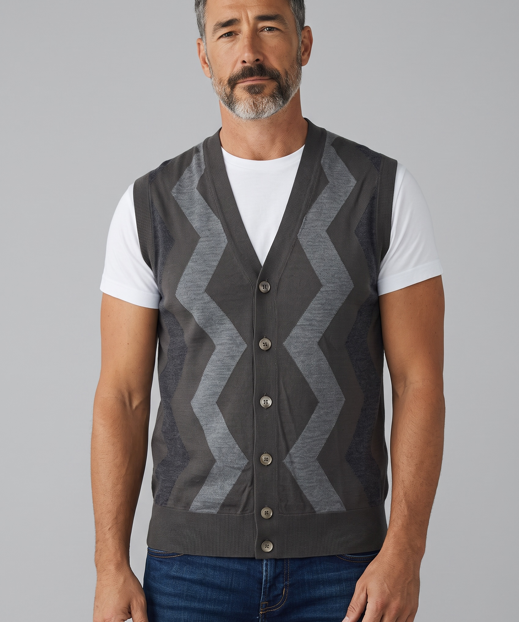 Alpha Studio – Gilet in Lana Merinos Extrafine con Motivo a Zig-Zag – Grigio Scuro