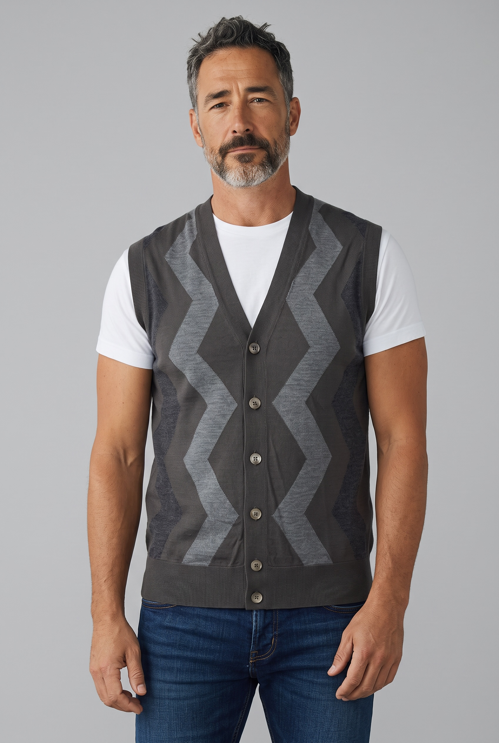 Alpha Studio – Gilet in Lana Merinos Extrafine con Motivo a Zig-Zag – Grigio Scuro