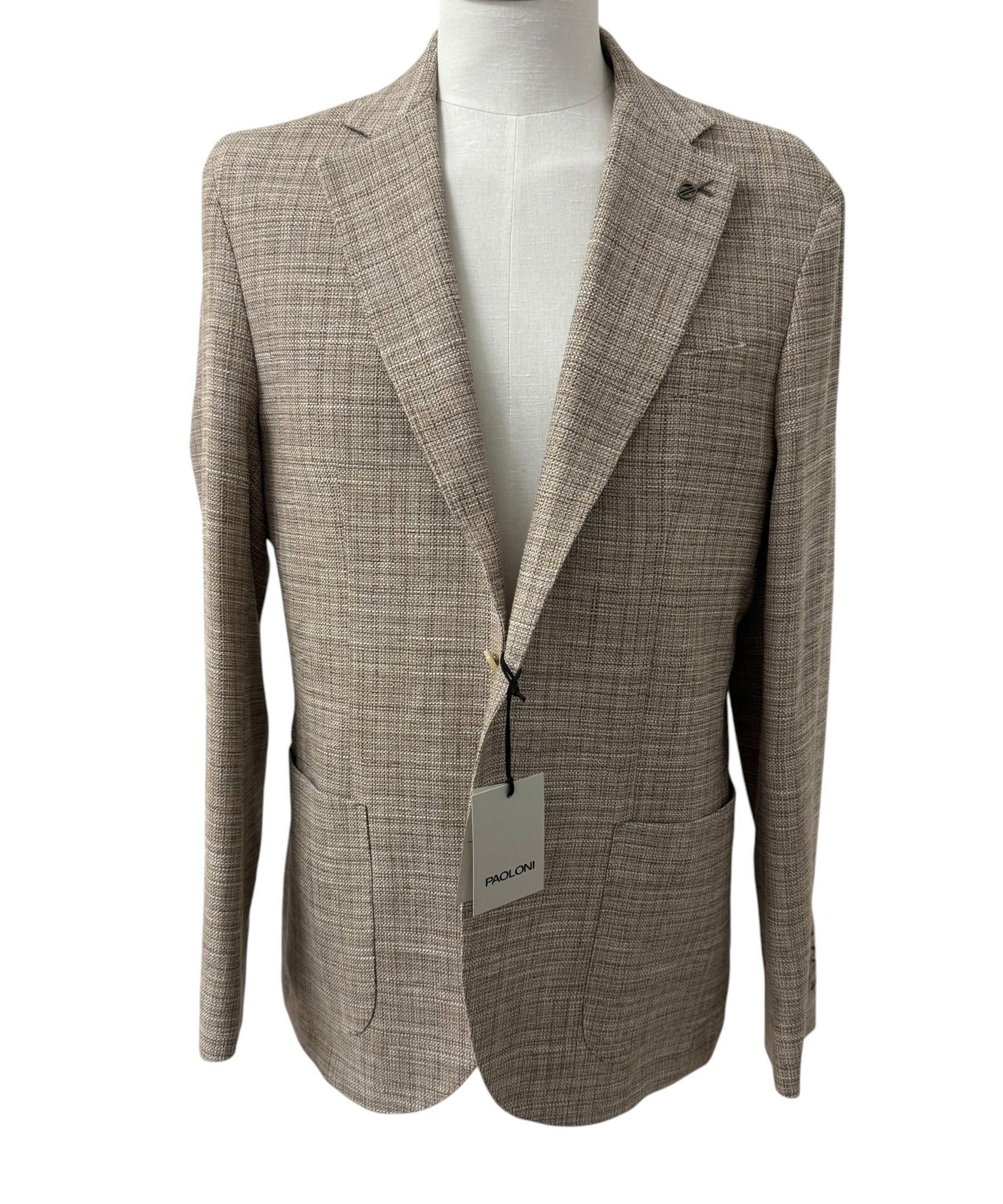 Paoloni – Giacca Sfoderata Monopetto in Lana, Cotone e Lino – Beige/Marrone