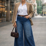 Jeans palazzo donna con cintura pantalone denim vita alta ampio