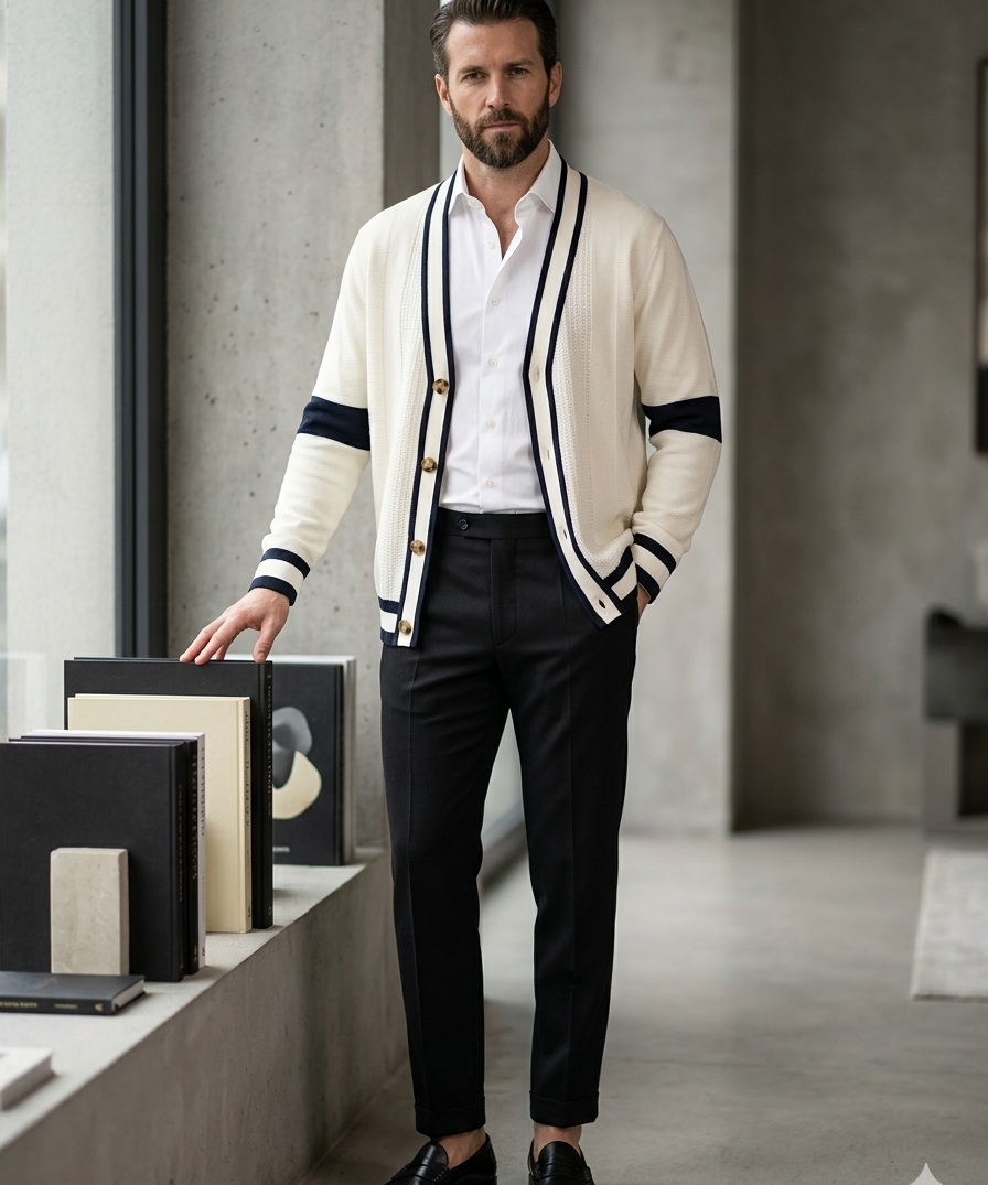 Paolo Pecora Milano Cardigan in 100% Cotton - Cream and Black - Size 52