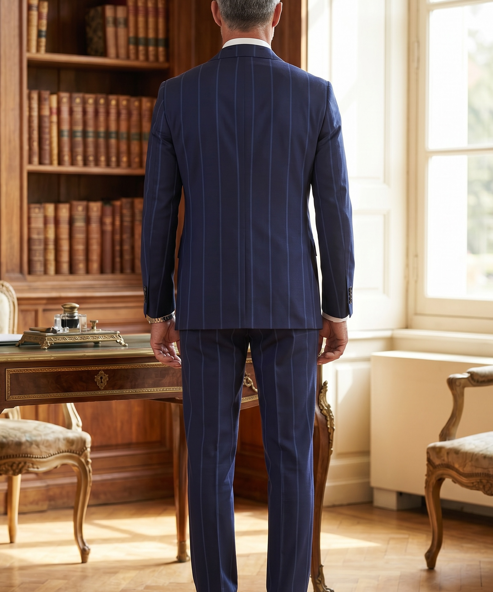 Luigi Bianchi Mantova Blue Striped Fresco Wool Suit, size L