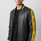 Daniele Alessandrini – Giubbotto Bomber in 100% Pelle Ovina con Bande "Priority-Pass" – Nero / Giallo