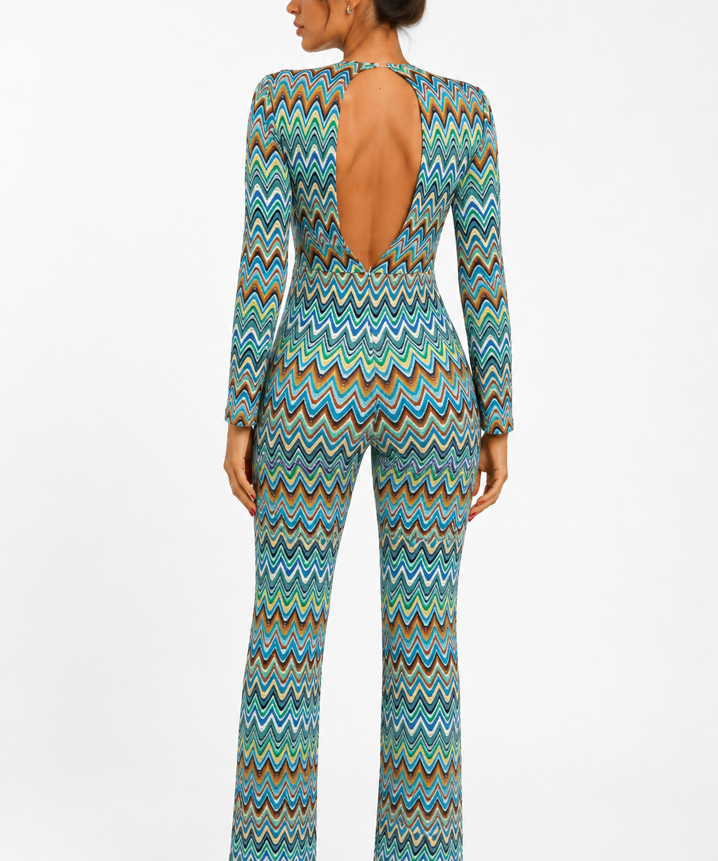Zigzag Chevron Jumpsuit with Front Cut-Out and Open Back