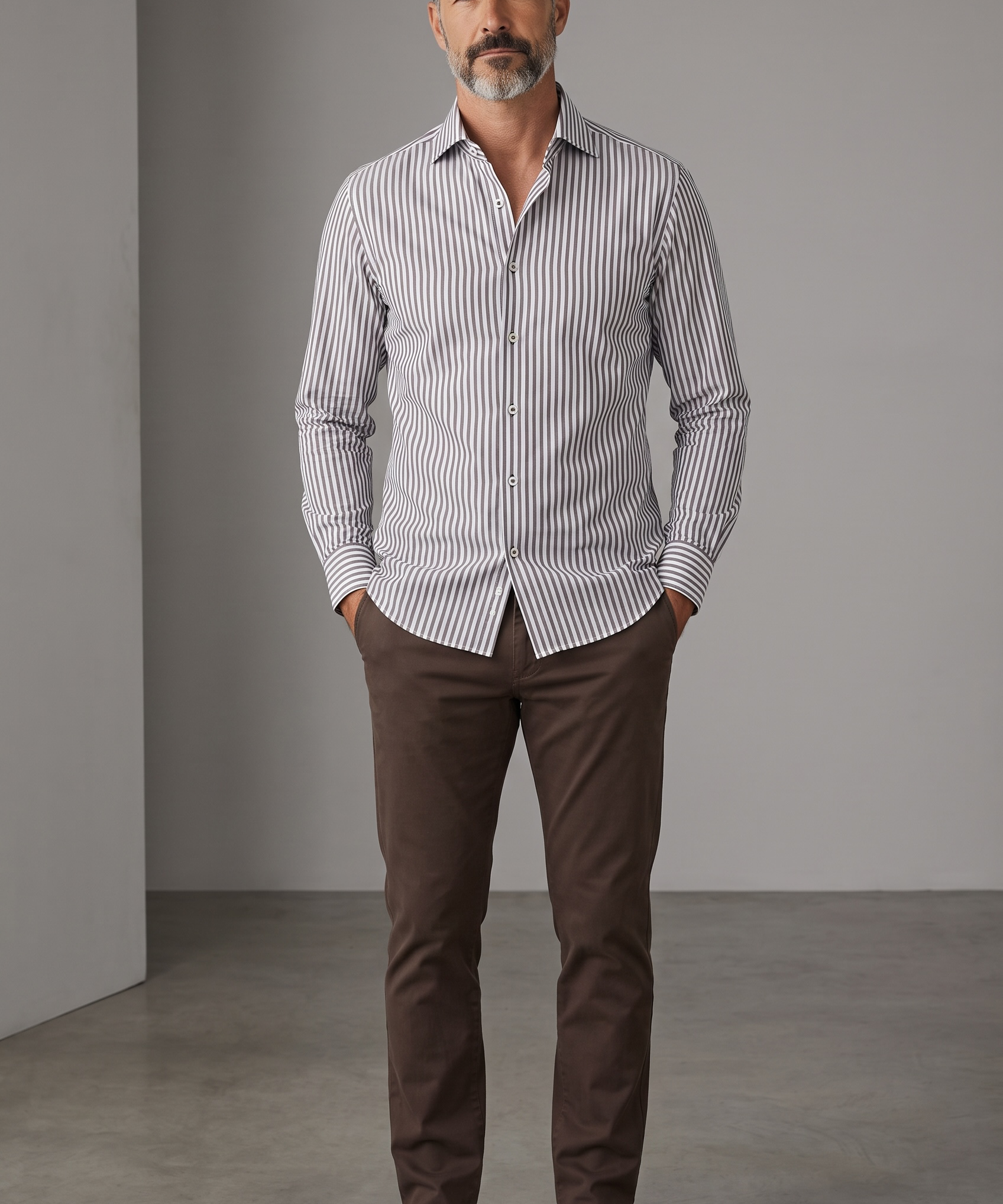 GHR – Camicia Uomo a Righe Verticali in Cotone – Marrone e Bianco