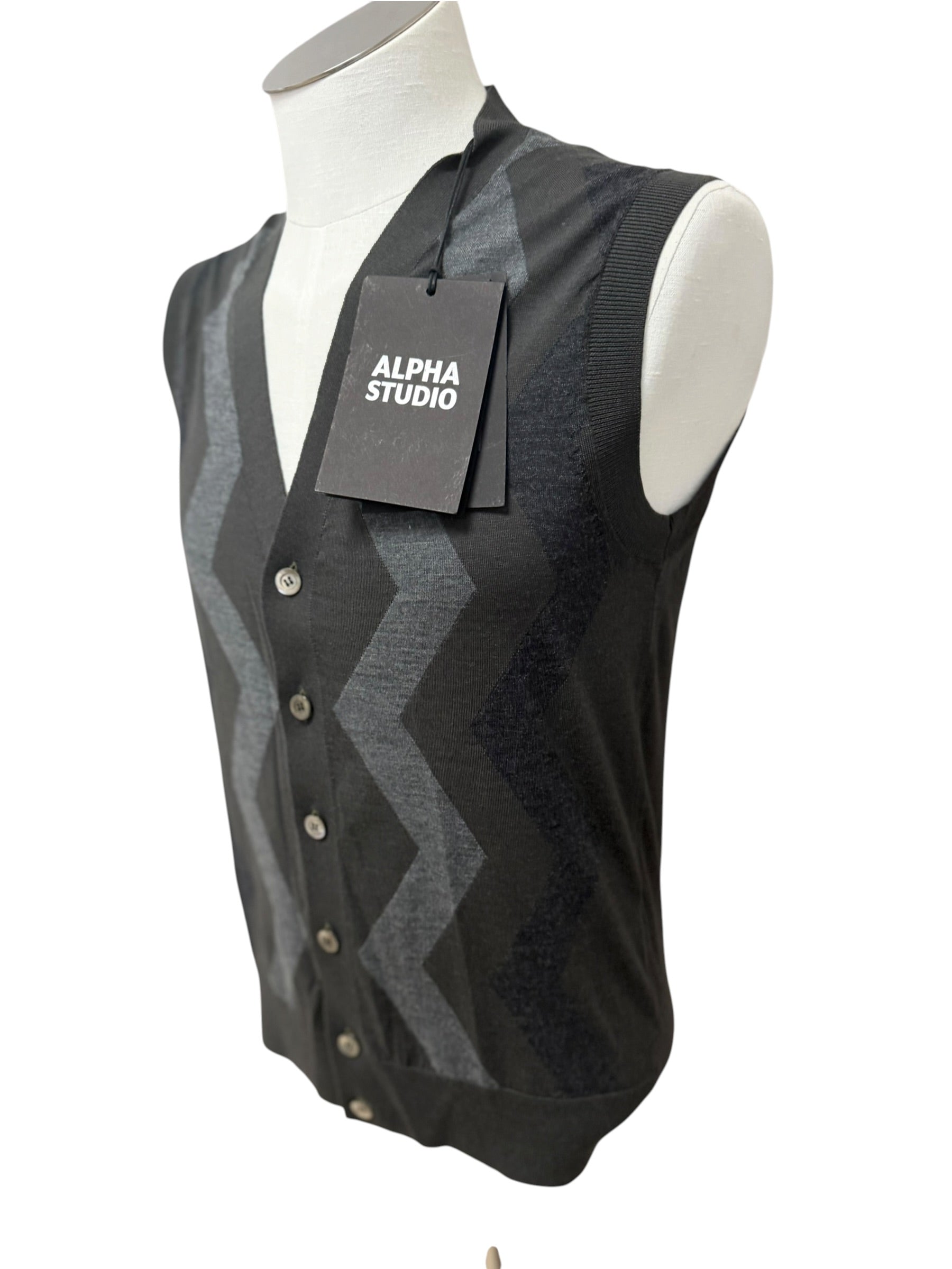Alpha Studio – Gilet in Lana Merinos Extrafine con Motivo a Zig-Zag – Grigio Scuro, immagine 5
