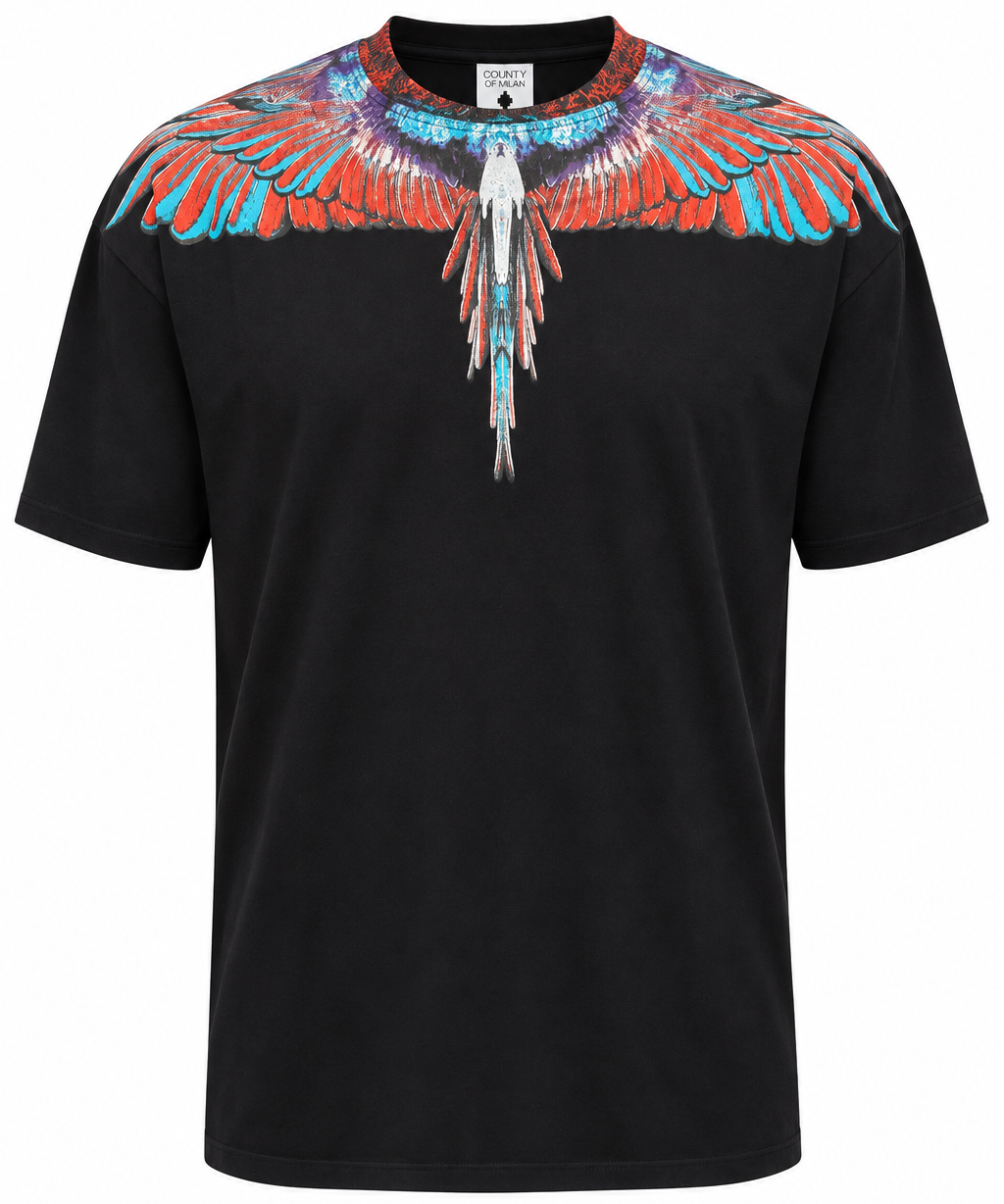 T-Shirt Uomo County of Milan Nera con Stampa Ali Multicolor
