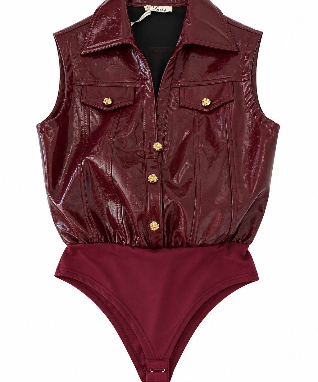 Body smanicato effetto vernice-Bordeaux / Verde Oliva Lovery, immagine 4