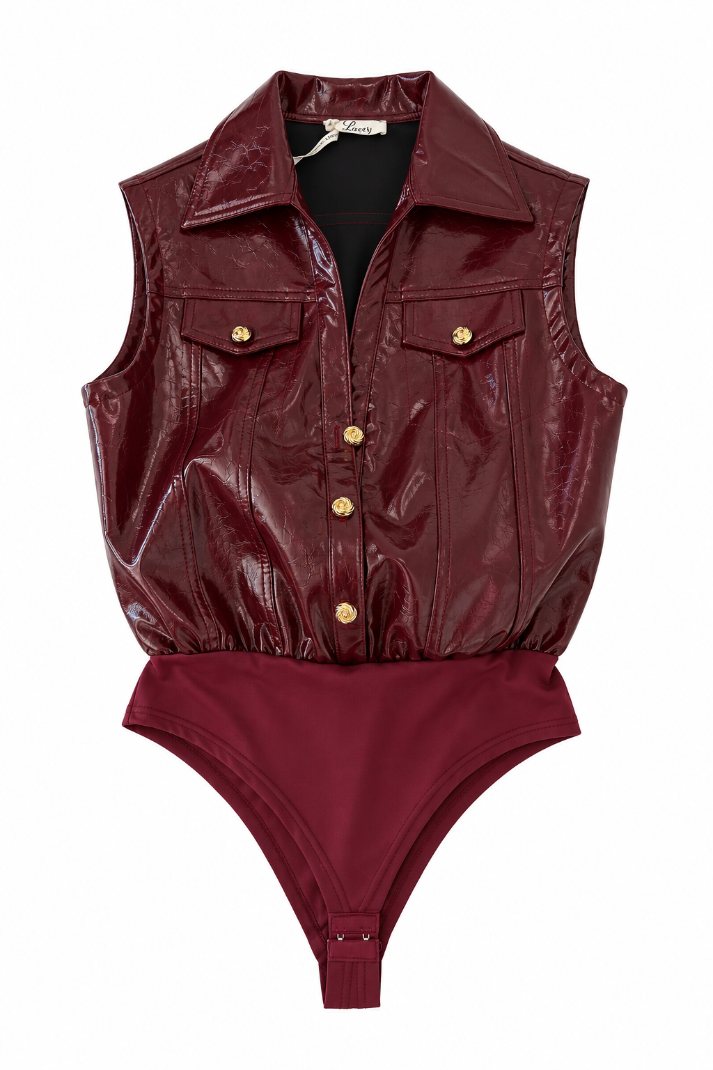 Body smanicato effetto vernice-Bordeaux / Verde Oliva Lovery, immagine 4
