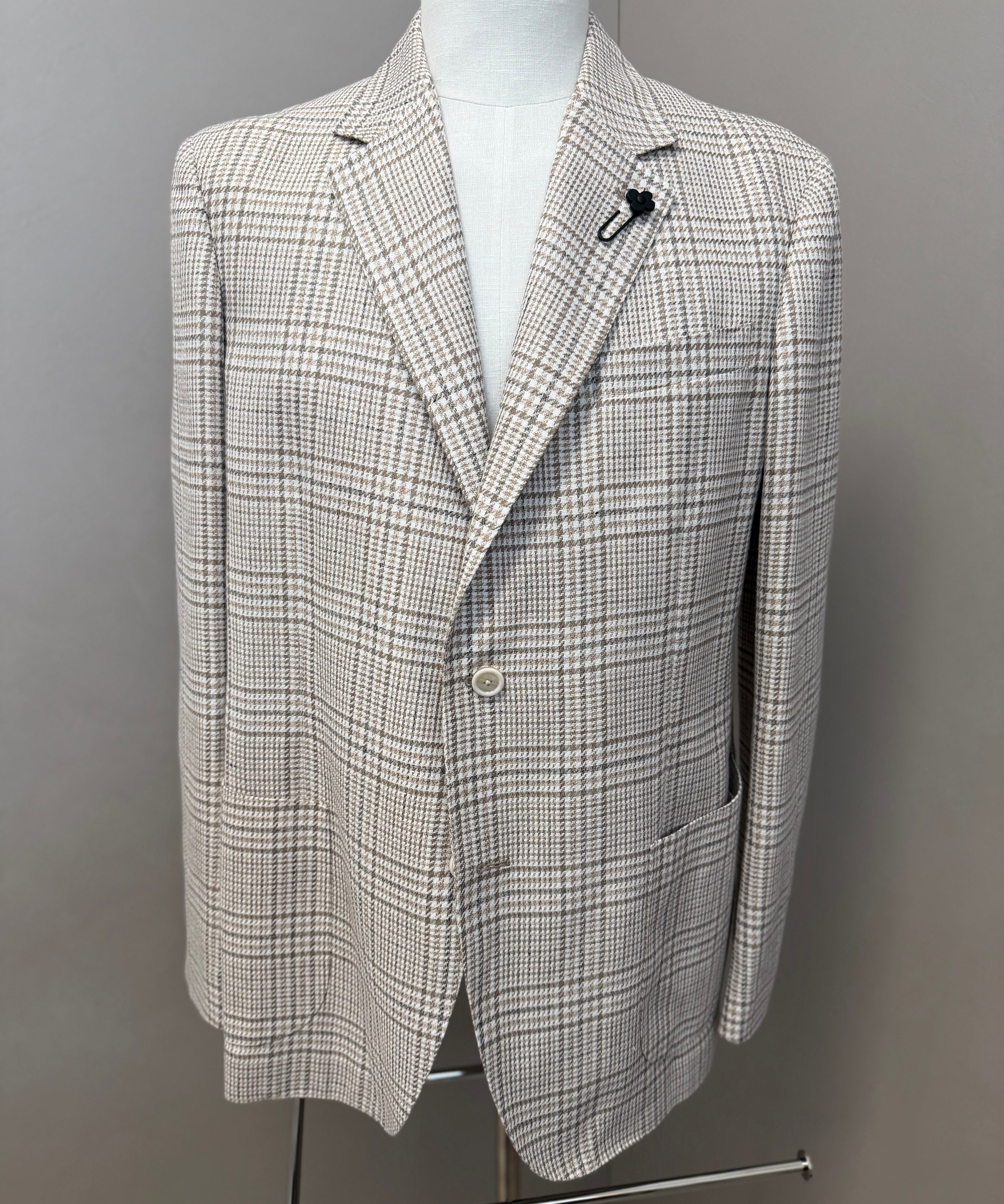Lardini Sartorial Cotton and Linen Jacket – Beige and Brown Check Pattern size 54