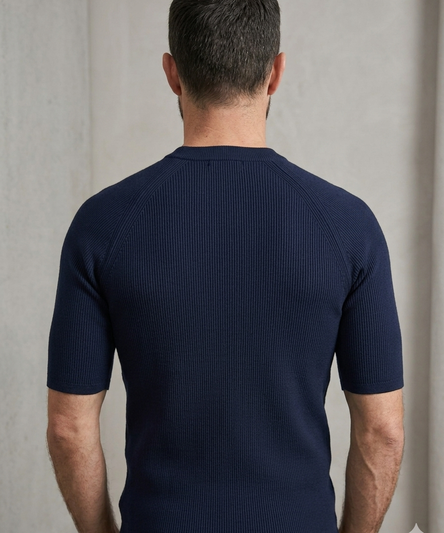 Alpha Studio Ribbed Blue Cotton T-Shirt – Size 50
