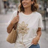 White cotton T-shirt with applied flower