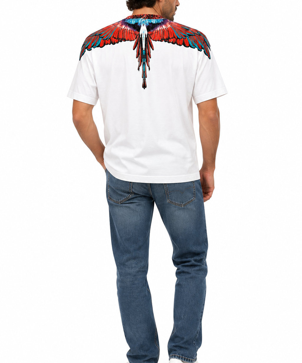 County of Milan – T-Shirt Uomo Bianca con Stampa Ali Multicolor in Cotone