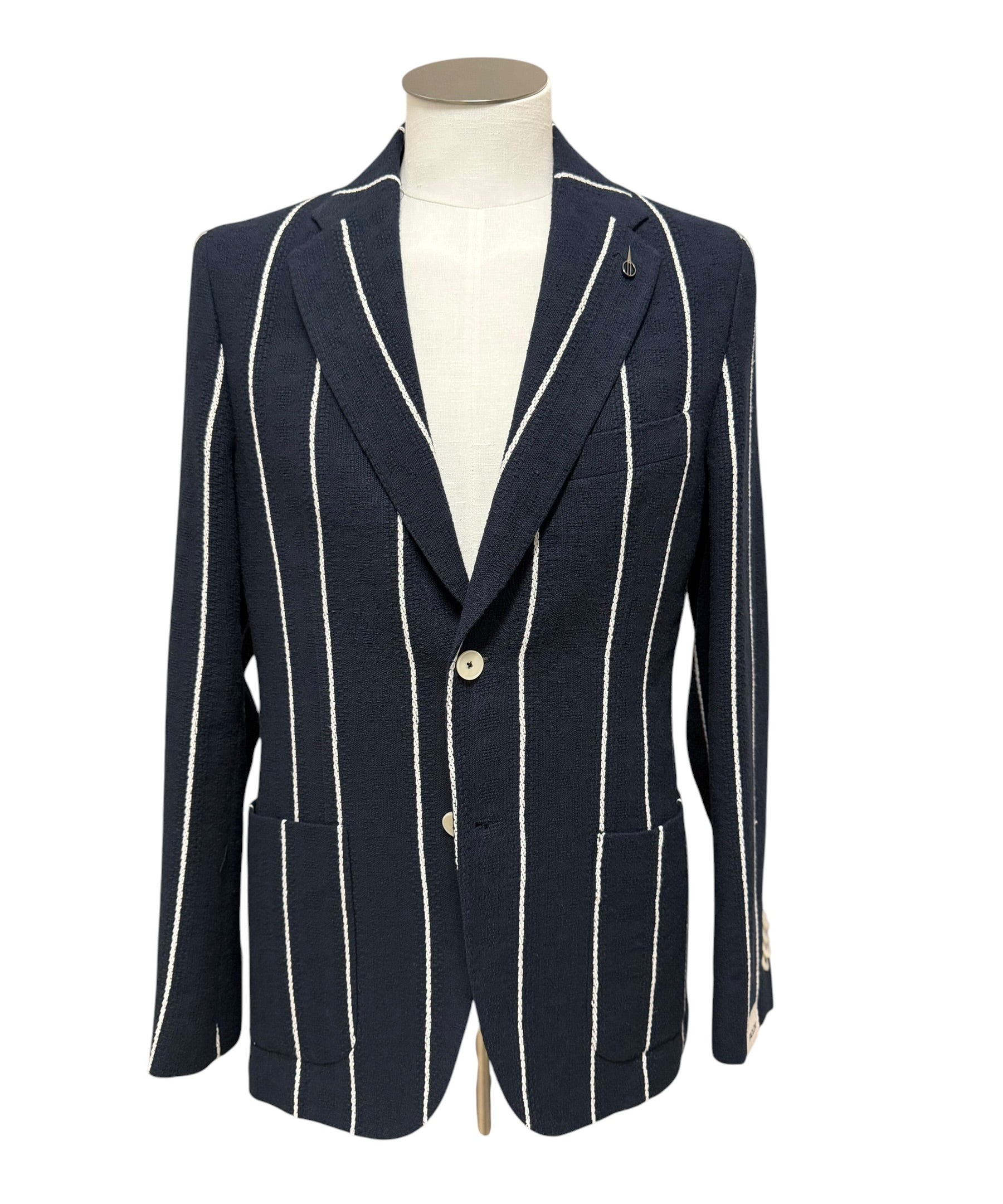 Paoloni Blue Knitted Jacket with White Stripes – Size 50