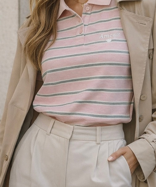 Pink striped stretch cotton polo shirt