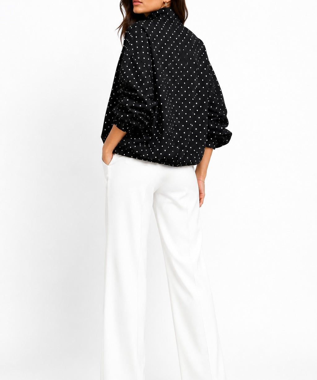 Polka Dot Bomber Jacket with Zipper and Drawstring