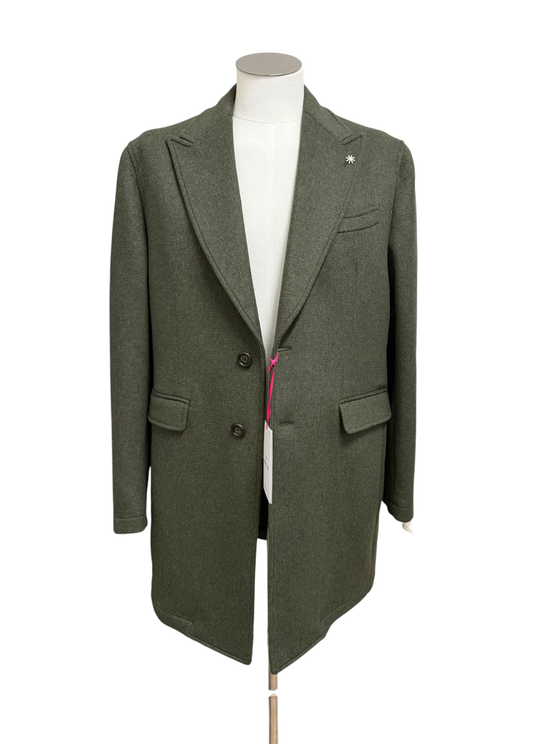 Manuel Ritz – Cappotto Monopetto in Misto Lana con Pin Rever – Verde Militare, immagine 3