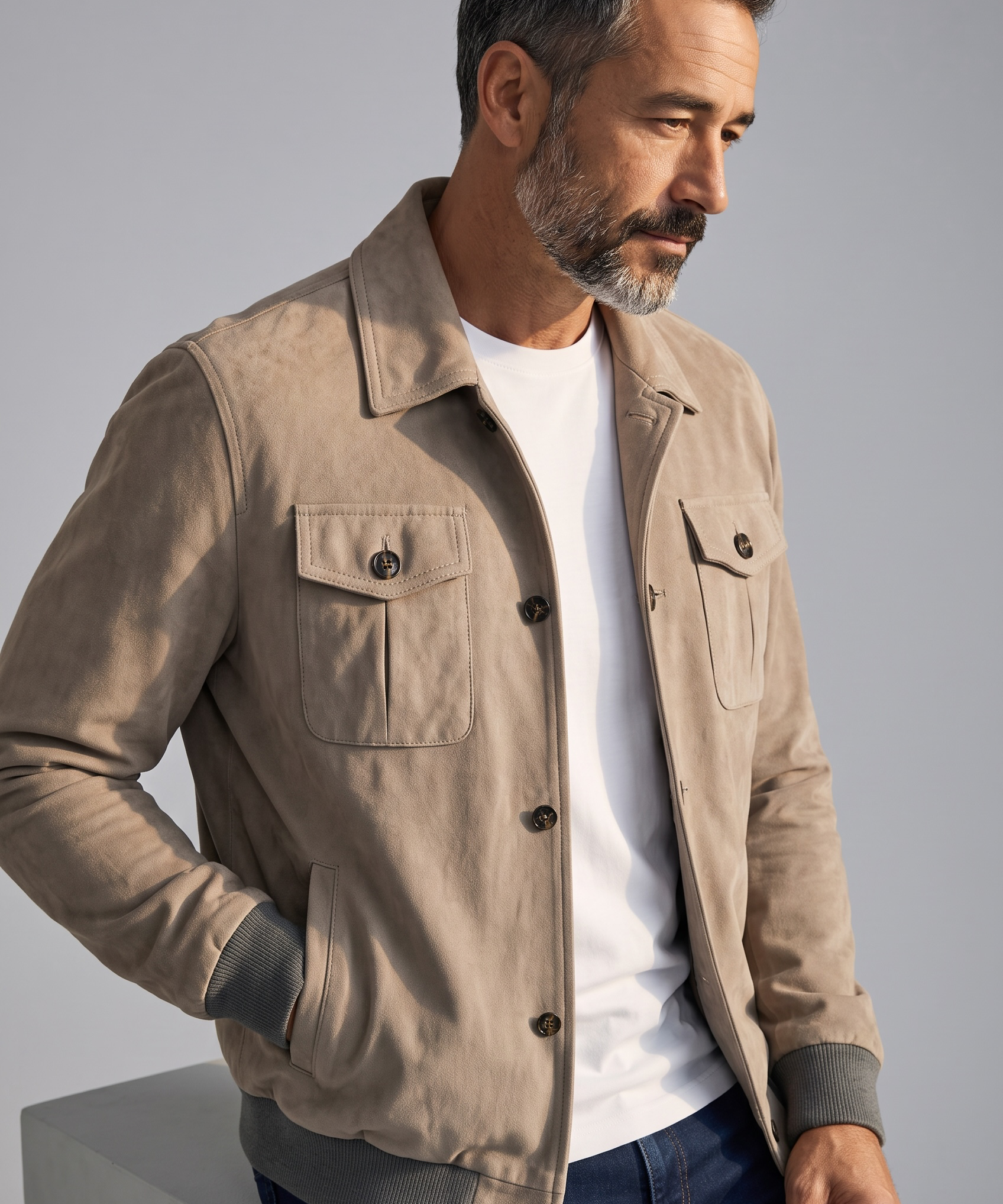 Barba Napoli – Giubbotto Bomber in Vera Pelle Scamosciata (Camoscio) – Beige Sabbia / Tortora