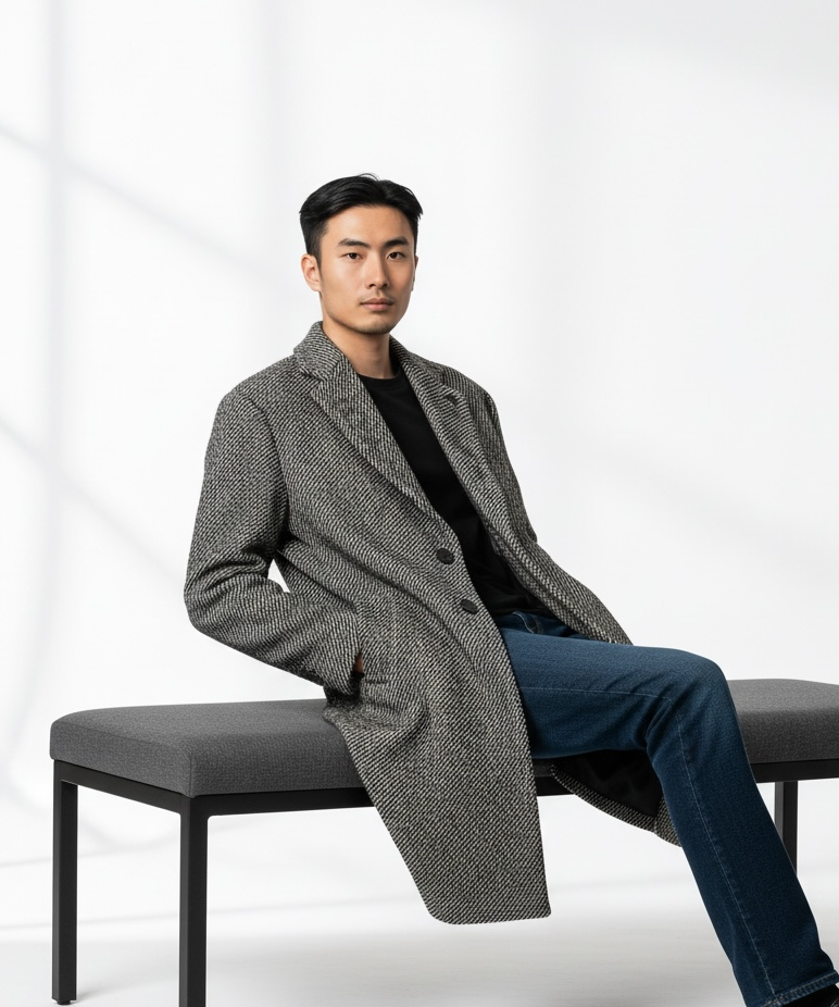Lardini Single-Breasted Herringbone Wool Coat - Anthracite Grey