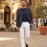 Giacca Paoloni Blu a Righe Bianche in Maglia – Taglia 50
